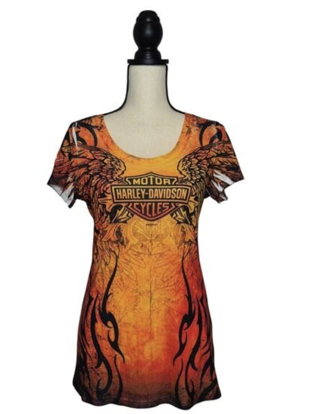 Harley-Davidson Women's Flame Wings Sublimation Scoop V-Neck Tee Orange Size M